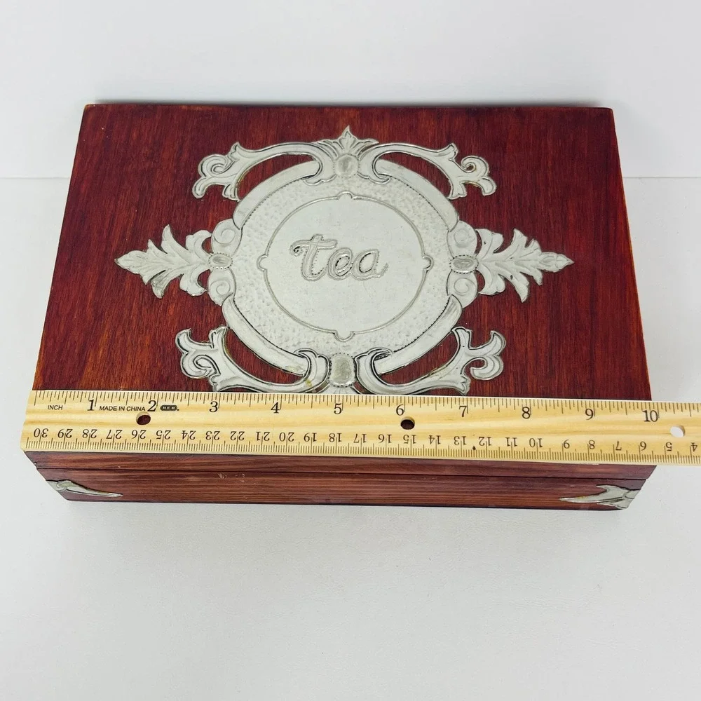 Vintage Wood Tea Storage Box Chest Brown Silver Embossed Metal Overlay Divided